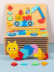 Detail of wooden 3D number puzzles featuring excavators, school buses and math symbols
