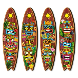 Set of four Hawaii surfboard wall decors with Tiki masks for tropical beach parties