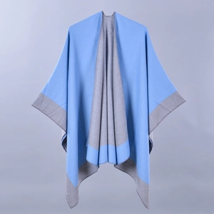 Elegant blue and grey split knit poncho cape for women with high quality drape