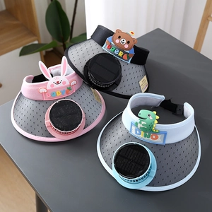 Detailed view of kids' solar fan sun visors in pink, black, and light blue colors