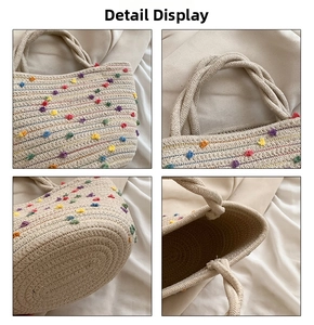 Detail shots of beige straw tote bag with colorful pom-poms and rainbow stitching accents