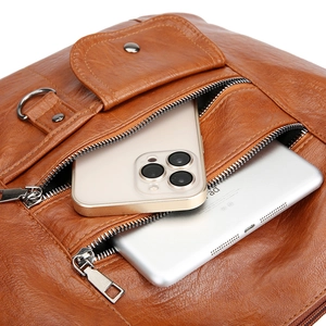 Brown vintage PU leather crossbody bag featuring spacious front zipper pocket with iPad storage