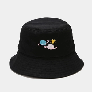 Close-up of cosmic planet embroidery and parallel stitching on a black cotton bucket hat