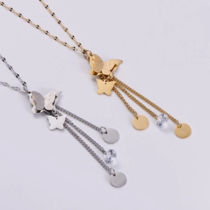 Elegant butterfly tassel necklace set in gold and silver with sparkling cubic zirconia