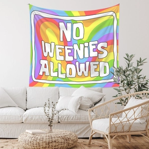 Rainbow wave wall tapestry featuring 'NO WEENIES ALLOWED' text in a cozy modern room