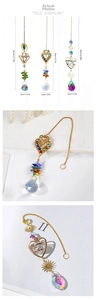 Three crystal suncatchers with gold metal chains, heart, moon, and star designs, 35cm long