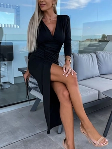 Slim fit black V-neck long sleeve dress with waist ruching and high side slit