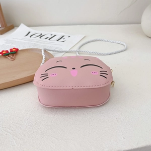 Pink cartoon cat shaped shoulder bag for girls made of soft PU leather with woven strap