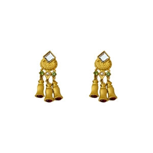 Vintage gold tassel earrings with faux pearls and multicolor crystals on white background