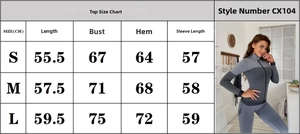 Detailed size chart for women's slim-fit long sleeve yoga top with model wearing sample