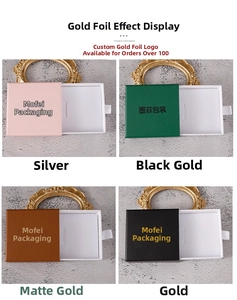 Macro display of drawer jewelry boxes in pink, dark green, brown and black with gold foil logo