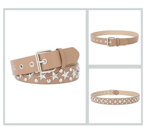 Detail view of khaki PU belt featuring silver star studs and metallic buckle design