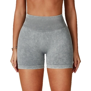 Short de yoga sans couture taille haute pour femme avec effet délavé et contrôle du ventre