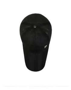 Top-down view of black mesh baseball cap with breathable fabric and metal logo shield