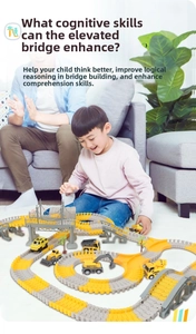 Toddler playing with flexible construction race track set and mini engineering vehicles