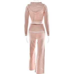 Rear view of pink knitted two-piece sports set with white stripes on hem and hood