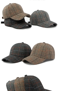 Close-up of vintage plaid tweed baseball caps showing thick fabric texture and patterns