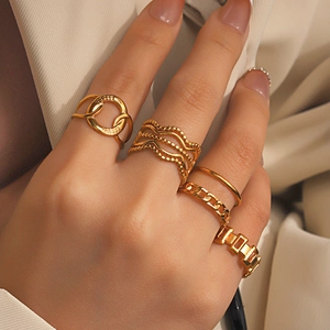 Geometric Stainless Steel Rings For Women French Vintage Gold Plated Minimalist Open Adjustable Interlocking Hollow Band Jewelry