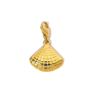 Detail of a golden fan-shaped stainless steel pendant with grid texture and lobster clasp