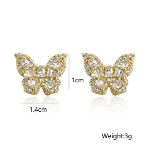 Detail view of 18K gold plated butterfly studs with AAA zircon, 1.4cm width and 3g weight