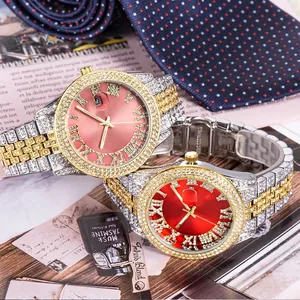 Luxury diamond-encrusted quartz watch with pink Roman numeral dial and two-tone steel strap