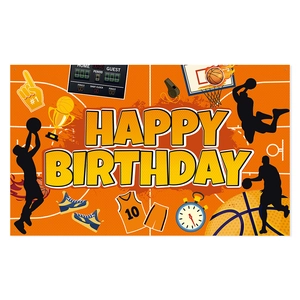 Basketball theme happy birthday backdrop banner with vibrant sports graphics and hoop
