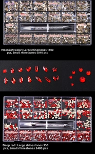 Macro detail of 21-grid nail art rhinestone kit featuring moonlight and deep red crystals