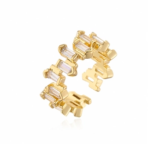 Gold plated geometric open ring with rectangle cubic zirconia in a modern staggered design