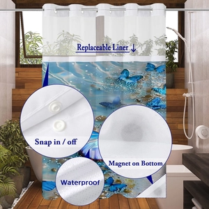 Detail of snap-on replaceable liner and waterproof blue butterfly waffle shower curtain