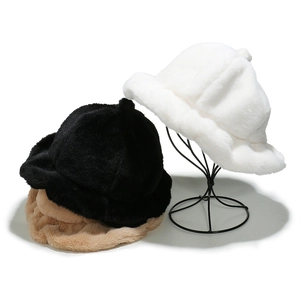 Winter plush bucket hat with ruffled edge in black, white, and khaki faux fur colors