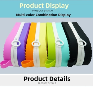 Close-up of colorful silicone cases with large tooth zippers and ring pullers