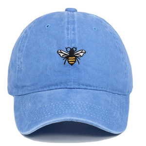 Close-up of a vintage light blue washed cotton baseball cap with bee embroidery detail