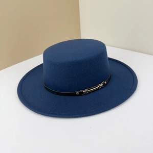 Navy blue flat top wool boater hat featuring a stylish black leather band and gold buckle