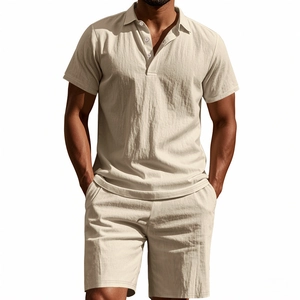 Detail of breathable linen texture on beige polo shirt and shorts summer casual set