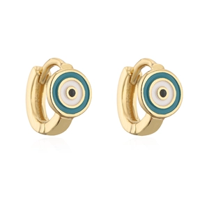 Detail of 18K gold plated evil eye earrings with colorful enamel rings on white background