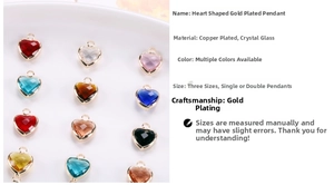 Detailed view of colorful heart-shaped crystal glass pendants with gold-plated copper frames