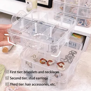Three-layer transparent plastic jewelry storage box for earrings and necklaces