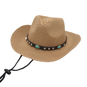 Straw cowboy hat with turquoise stone band and adjustable chin strap for sun protection