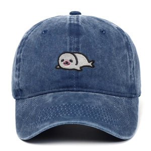 Berretto da baseball in cotone lavato blu navy con ricamo a forma di foca sul davanti