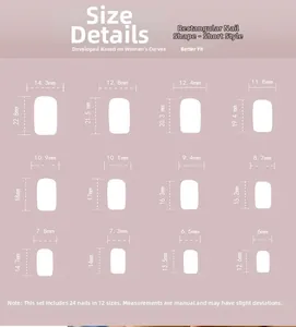 Tabella taglie per 24 unghie finte quadrate rosa con 12 diverse misure di larghezza e lunghezza
