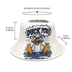 White bucket hat with cartoon duck print and duck you text showing dimensions and size