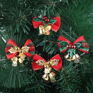Christmas Bows Bell Ornaments Fabric Velvet Plaid Xmas Tree Hanging Decorations Mini Holiday Festive Home Decor