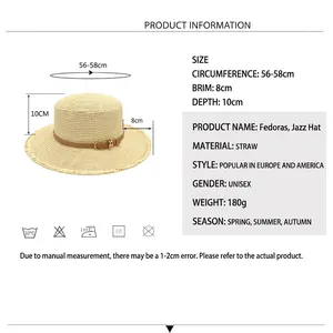 Flat top straw hat size chart with dimensions for summer sun protection headwear