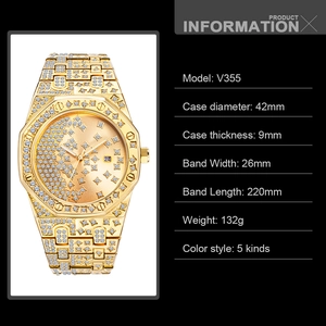 Macro shot of V355 gold luxury iced-out watch with crystal-set octagonal bezel and band