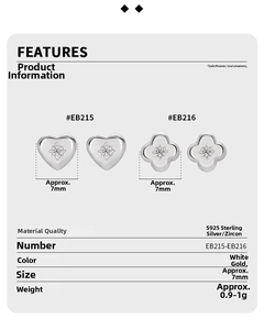 Detailed specs of S925 sterling silver clover and heart stud earrings with zircons
