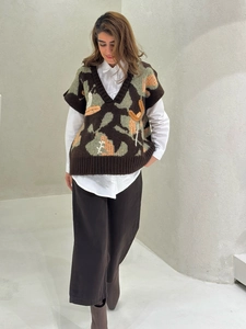 Women V Neck Knit Sweater Vest Cotton Polyester Jacquard Floral Retro Vintage Loose Pullover