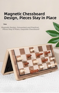 Close-up of magnetic chess pieces staying firm on a 45-degree tilted folding wooden board