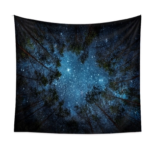 Detail showing the starry night sky and forest print on square polyester tapestry