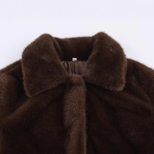 Women's dark brown faux fur coat with comfortable lapel collar on white background