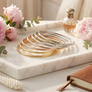 Polished 3mm stainless steel bangles in gold, rose gold and silver on a marble tray